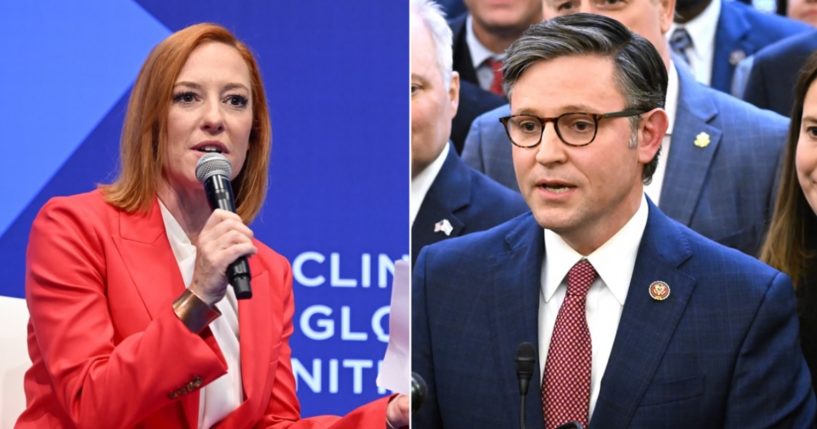 Former White House press secretary and current MSNBC host Jen Psaki, left; House Speaker Mike Johnson, right.