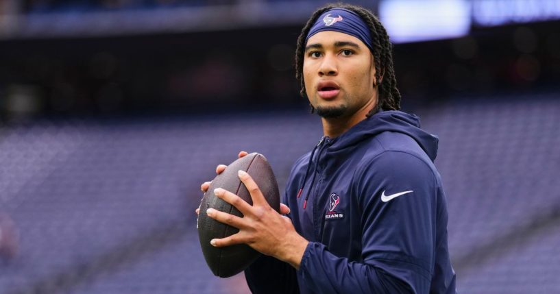 C.J. Stroud #7 of the Houston Texans warms up before kickoff against the Tampa Bay Buccaneers at NRG Stadium on Sunday in Houston, Texas.