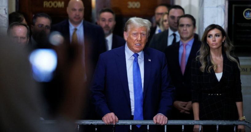 Former President Donald Trump speaks to members of the media after testifying at his civil fraud trial at New York State Supreme Court on Monday in New York City.