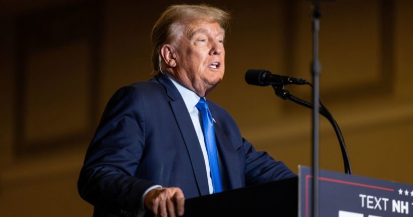 Former president and 2024 presidential candidate Donald Trump leaves after speaking at a campaign rally in Claremont, New Hampshire, on Saturday.