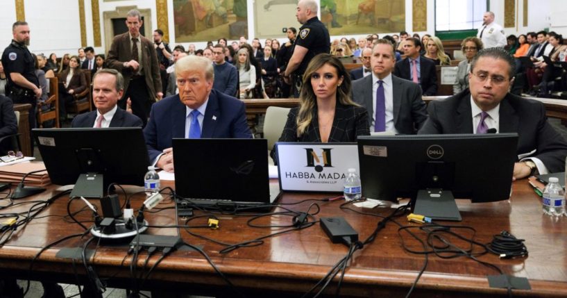 Former President Donald Trump sits in the courtroom with attorneys Christopher Kise, left, and Alina Habba during his civil fraud trial at New York State Supreme Court on Monday in New York City.