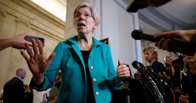 Sen. Elizabeth Warren talks to reporters following the closed-door "AI Insight Forum" outside the Kennedy Caucus Room in the Russell Senate Office Building on Capitol Hill on Sept. 13 in Washington, D.C.