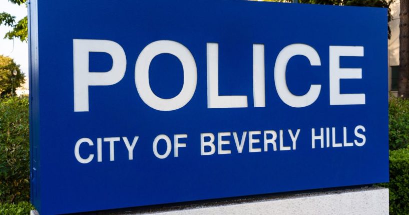 A Beverly Hills Police sign is pictured in Beverly Hills, California, in 2012.