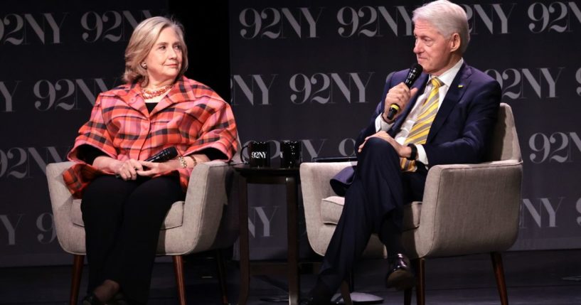 Hillary Rodham Clinton, left, and former President Bill Clinton, right, speak onstage during In Conversation with David Rubenstein at The 92nd Street Y in New York City on May 4.