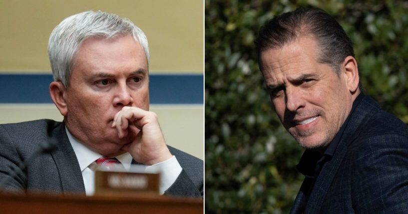 At left, House Oversight Committee Chairman James Comer looks on during a hearing on Capitol Hill in Washington on Tuesday. At right, Hunter Biden walks along the South Lawn of the White House in Washington on Nov. 21, 2022.