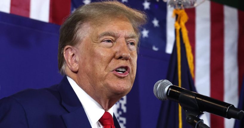 Republican presidential candidate and former President Donald Trump speaks during a campaign event at the Whiskey River bar in Ankeny, Iowa, on Saturday.