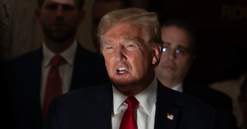 Former President Donald Trump returns from a court recess and speaks to the media during his civil fraud trial in New York State Supreme Court in New York City on Thursday.