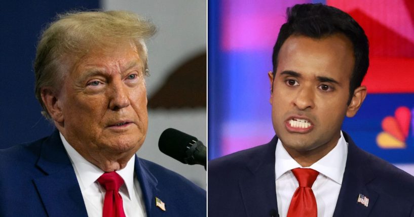 At left, former President Donald Trump speaks at Fort Dodge Senior High School in Fort Dodge, Iowa, on Nov. 18. At right, Republican presidential candidate Vivek Ramaswamy speaks during the NBC News primary debate at the Adrienne Arsht Center for the Performing Arts of Miami-Dade County in Miami on Nov. 8.