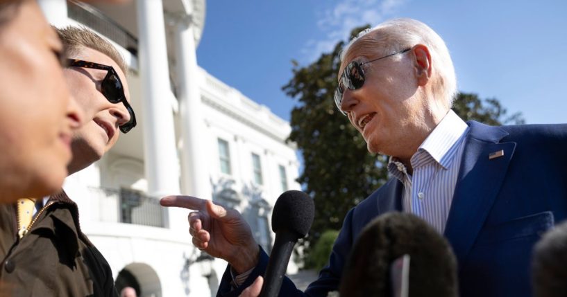 Fox News White House correspondent Peter Doocy, left, asks President Joe Biden a question outside of the White House in Washington, D.C., on Nov. 9.