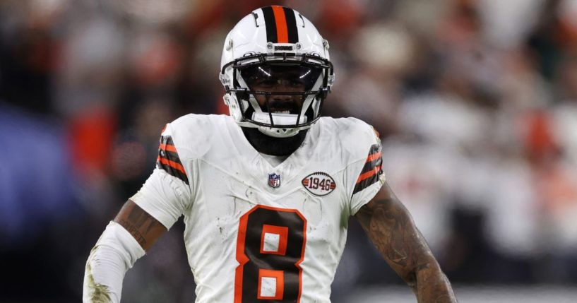 Cleveland Browns wide receiver Elijah Moore celebrates a catch against the New York Jets in Cleveland, Ohio, on Thursday. Later in the game, Moore suffered a serious head injury.