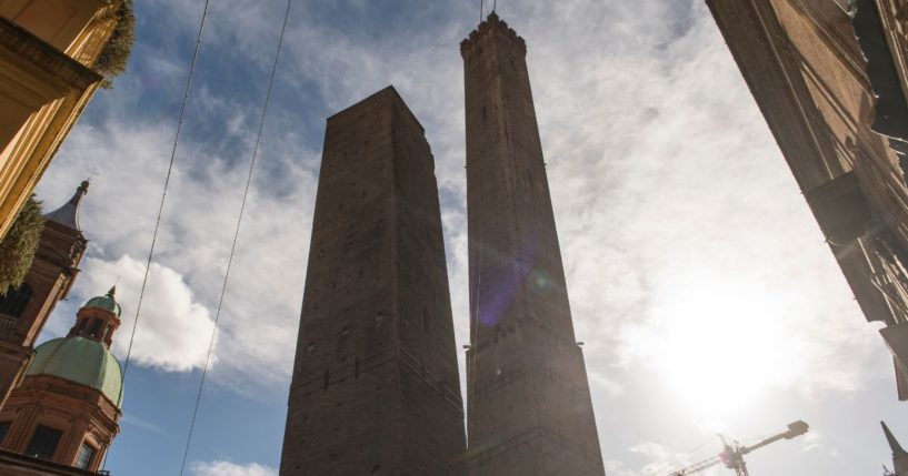 A view of the Garisenda tower from Piazza Ravegnana, Nov. 6, in Bologna, Italy. The tower, 158 feet tall, was built in the 12th century, and leans at an angle of four degrees – only a little more upright than the Leaning Tower of Pisa.