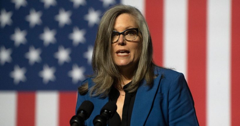 Arizona Gov. Katie Hobbs gives a speech on Sept. 28 in Tempe, Arizona.