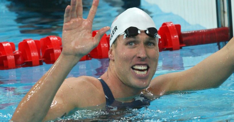 Klete Keller smiles after winning a men's 4 x 200-meter freestyle relay heat at the 2008 Beijing Olympic Games on Aug. 12, 2008.