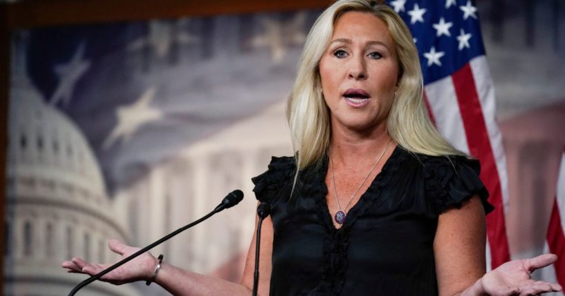 Rep. Marjorie Taylor Greene speaks during a news conference on Capitol Hill in Washington, D.C., on May 18. Recently, Greene has claimed that Rep. Richard McCormick had been physically aggressive with her.