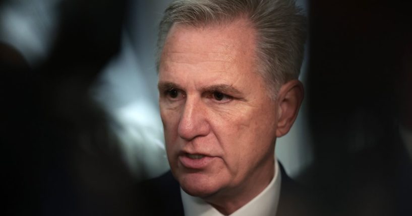 Former Speaker of the House Kevin McCarthy talks to reporters in the Longworth House Office Building on Capitol Hill in Washington on Oct. 24.