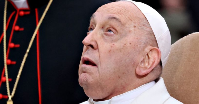 Pope Francis marks the Feast of the Immaculate Conception with the traditional Act of Veneration to the Blessed Virgin Mary before the statue of the Immaculate Conception in Piazza Mignanelli in Rome, Italy, on Friday.