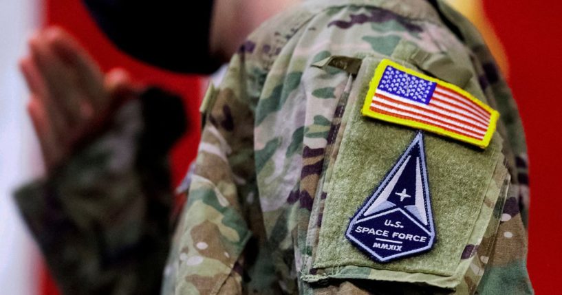 A soldier wears a U.S. Space Force uniform during a ceremony at Travis Air Force Base in California on Feb. 12, 2021.