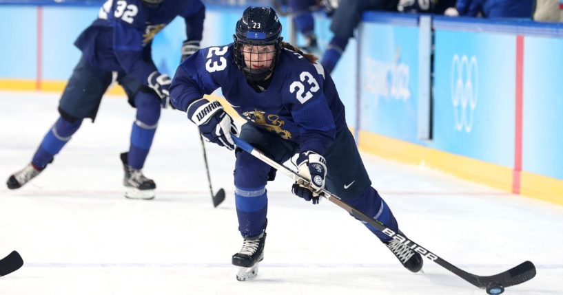 Sanni Hakala of Finland skates against Japan in the third period of a women's ice hockey quarterfinal match at the 2022 Beijing Winter Olympic Games on Feb. 12, 2022, in Beijing.