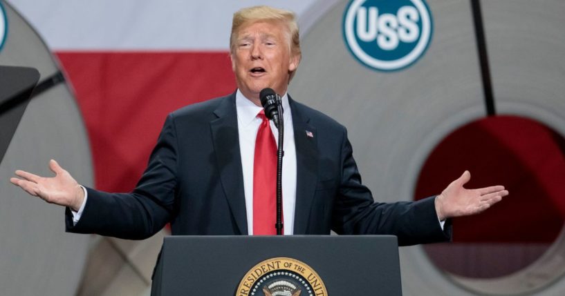 Then-President Donald Trump speaks on July 26, 2018, at the U.S. Steel plant in Granite City, Illinois.