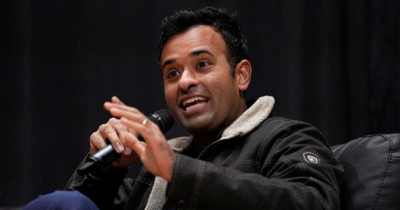 Republican presidential candidate and businessman Vivek Ramaswamy speaks during U.S. Rep. Randy Feenstra's "Faith and Family with the Feenstras" event Saturday in Sioux Center, Iowa.