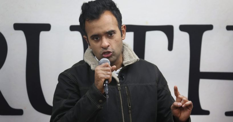 Republican presidential candidate Vivek Ramaswamy speaks to guests during a campaign stop in Webster City, Iowa, on Dec. 19.