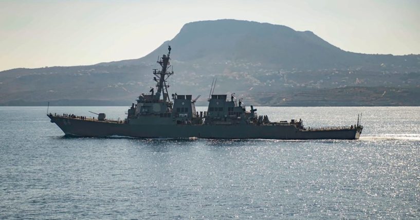 The guided-missile destroyer USS Carney in Souda Bay, Greece.