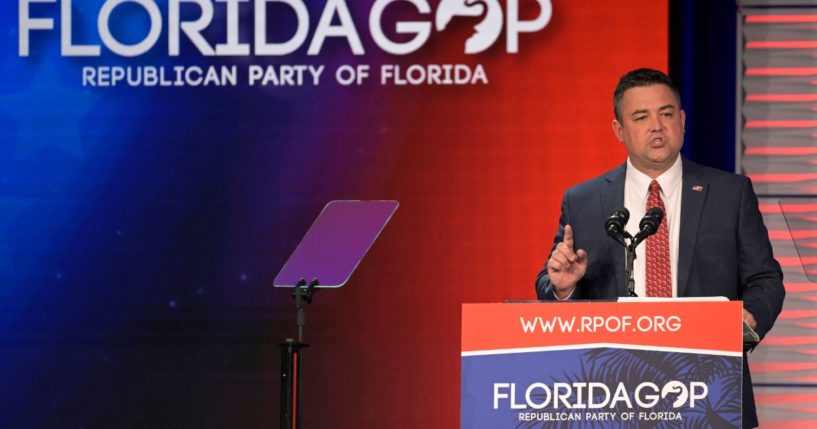 Florida Party of Florida Chairman Christian Ziegler addresses attendees at the Republican Party of Florida Freedom Summit, November 4, 2023, in Kissimmee, Fla. The Republican Party of Florida suspended Ziegler and demanded his resignation during an emergency meeting Sunday, Dec. 17, adding to calls by Gov. Ron DeSantis and other top officials for him to step down as police investigate a rape accusation against him.