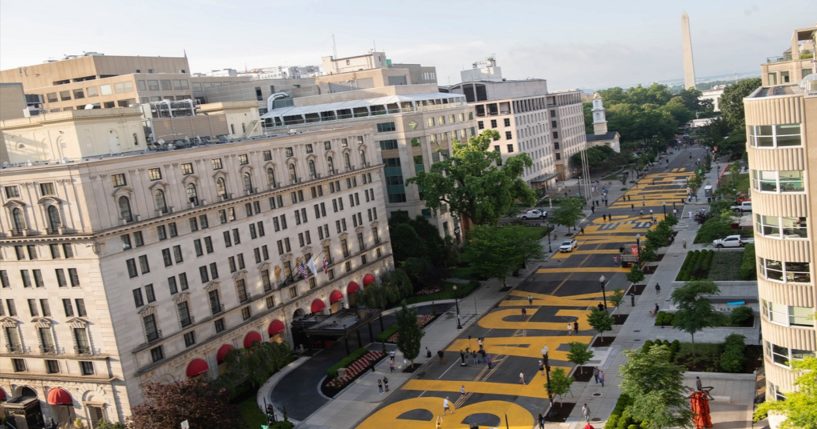 A June 2020 photo from the Executive Office of the Mayor of Washington, D.C., shows a "Black Lives Matter" mural painted on 16th Street.