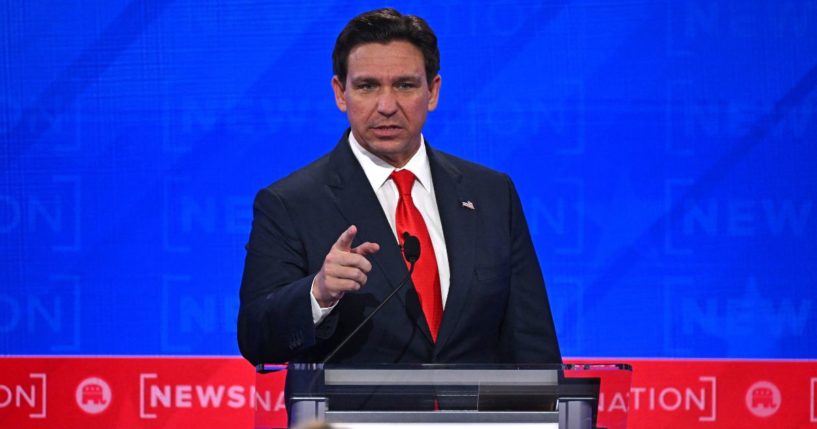 Florida Governor Ron DeSantis gestures during the fourth Republican presidential primary debate at the University of Alabama in Tuscaloosa, Alabama, on Dec. 6.