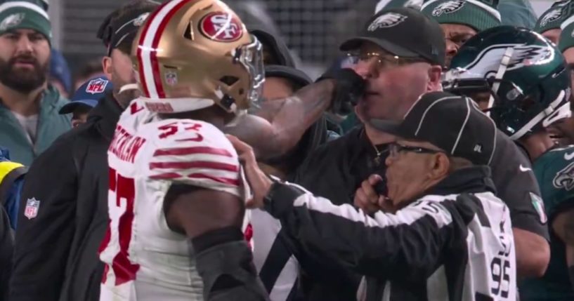 This Twitter screen shot shows a confrontation between San Francisco 49ers linebacker Dre Greenlaw and Philadelphia Eagles security chief Dom DiSandro.