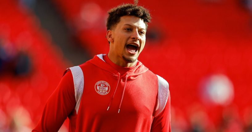 Patrick Mahomes #15 of the Kansas City Chiefs warms up before the game against the Buffalo Bills at GEHA Field at Arrowhead Stadium on Sunday in Kansas City, Missouri.