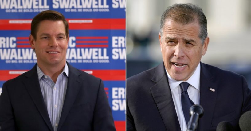 California Rep. Eric Swalwell, left, in a 2019 file photo; President Joe Biden's son, Hunter Biden, speaking at the Capitol on Wednesday.