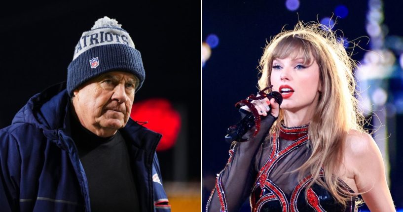 New England Patriots head coach Bill Belichick, left, was asked about pop star Taylor Swift.