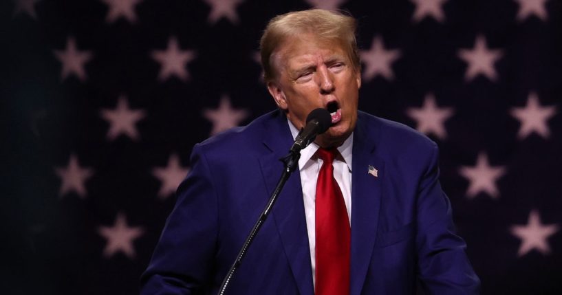 Former President Donald Trump delivers remarks during a campaign rally at the Reno-Sparks Convention Center on Sunday in Reno, Nevada.