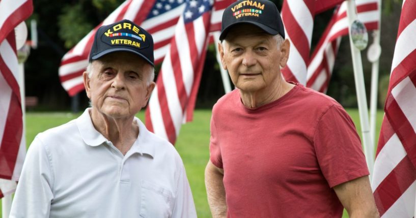 Veterans stand in front of American flags in this stock image.