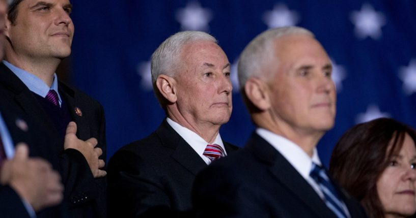 Rep. Matt Gaetz, Rep. Greg Pence, then-Vice President Mike Pence and Karen Pence stand during the playing of the national anthem at Andrews Air Force Base, Maryland, on Dec. 20, 2019.