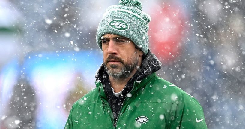 Aaron Rodgers of the New York Jets looks on before a game against the New England Patriots in Foxborough, Massachusetts, on Sunday.