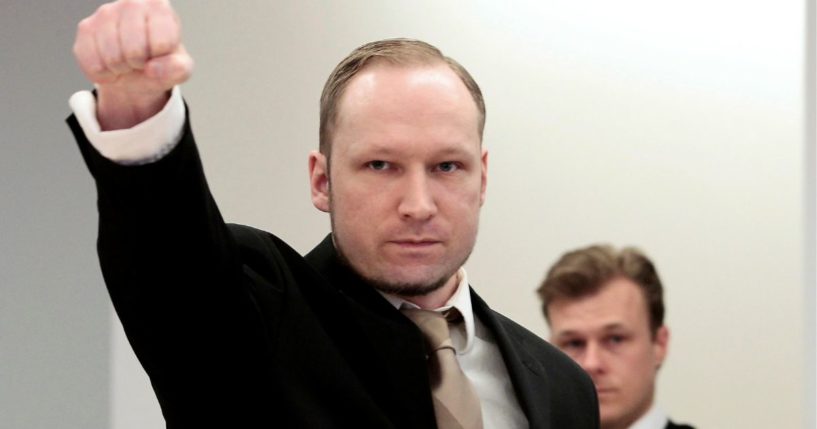 Anders Behring Breivik gestures as he arrives at a courtroom in Oslo, Norway, April 17, 2012.