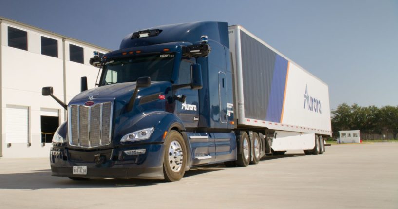 Aurora autonomous truck outside Aurora's new Houston terminal