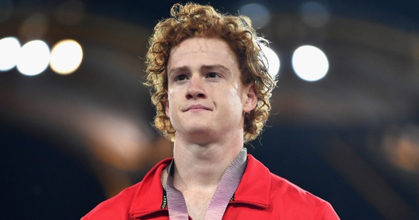 Silver medalist Shawn Barber of Canada looks on during the medal ceremony for the men's pole vault during the Gold Coast Commonwealth Games at Carrara Stadium on the Gold Coast, Australia, on April 12, 2018.