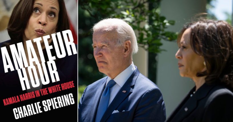 Charles Spiering's "Amateur Hour," left, details Joe Biden's choice of Kamala Harris as his running mate. At right, Biden and Harris are seen in the Rose Garden of the White House in Washington on May 9, 2022.