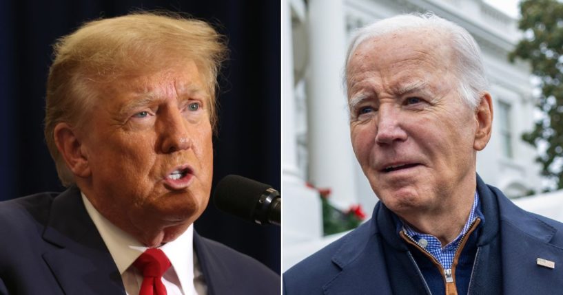 At left, Republican presidential candidate and former President Donald Trump speaks during a campaign event in Waterloo, Iowa, on Dec. 19. At right, President Joe Biden talks to reporters before boarding Marine One on the South Lawn of the White House in Washington on Dec. 23.