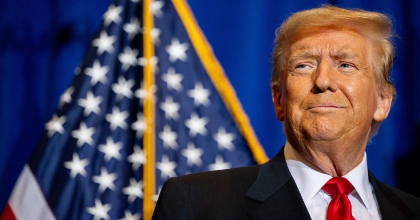 Republican presidential candidate and former President Donald Trump looks on during a campaign rally at the Atkinson Country Club in Atkinson, New Hampshire, on Tuesday.