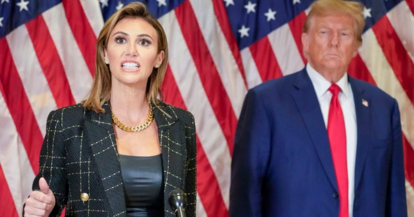 Attorney Alina Habba is joined by former President Donald Trump as she speaks during a news conference, Jan. 11, in New York.