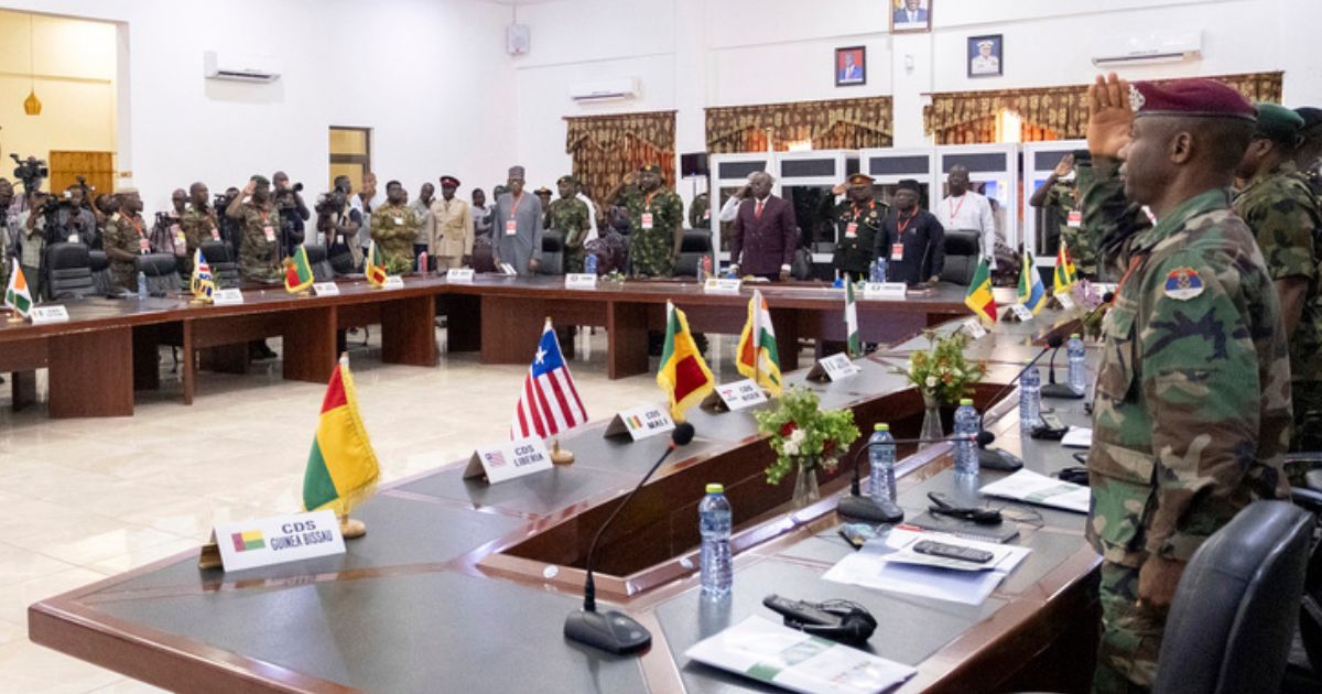 The defense chiefs from the Economic Community of West African States countries excluding Mali, Burkina Faso, Chad, Guinea and Niger, gather for a meeting in Accra, Ghana, Aug. 17.