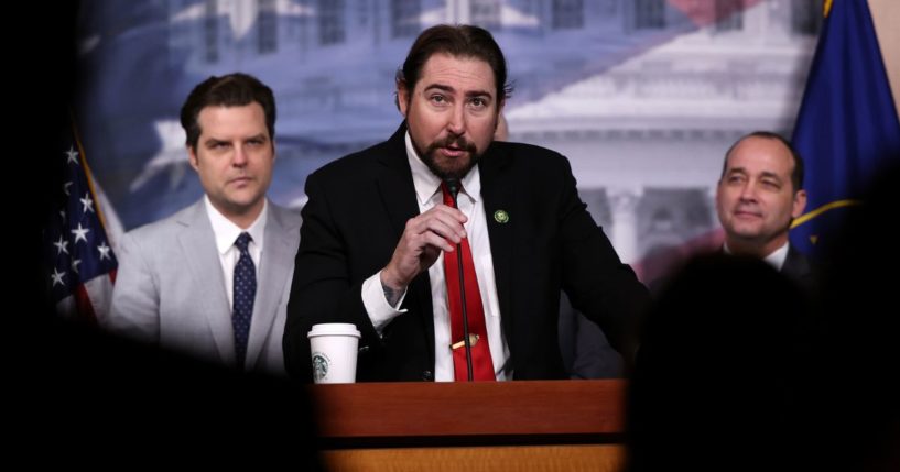 Republican Rep. Eli Crane of Arizona speaks during a news conference at the U.S. Capitol in Washington on March 28.