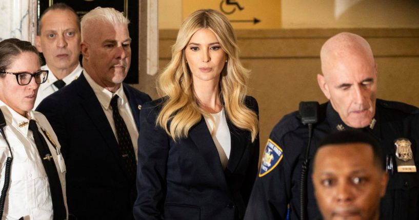 Ivanka Trump exiting the courtroom during a civil fraud trial against her father