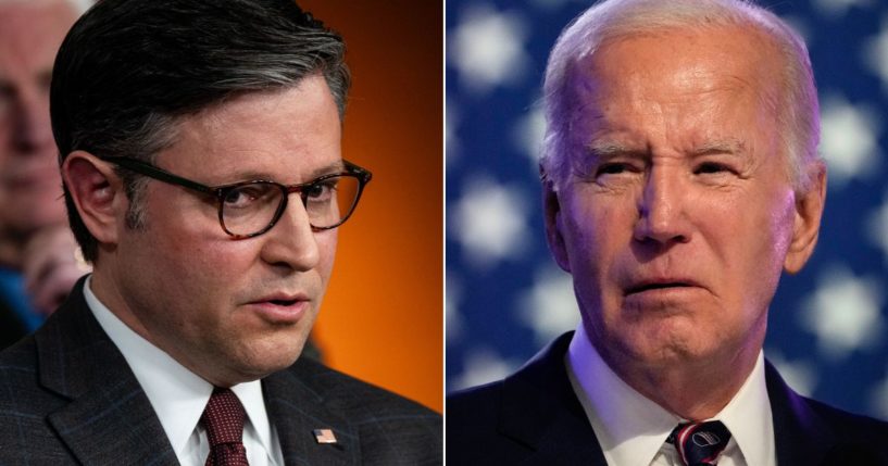 At left, Speaker of the House Mike Johnson speaks during a news conference at the U.S. Capitol in Washington on Wednesday. At right, President Joe Biden speaks during a campaign event at Montgomery County Community College in Blue Bell, Pennsylvania, on Jan 5.