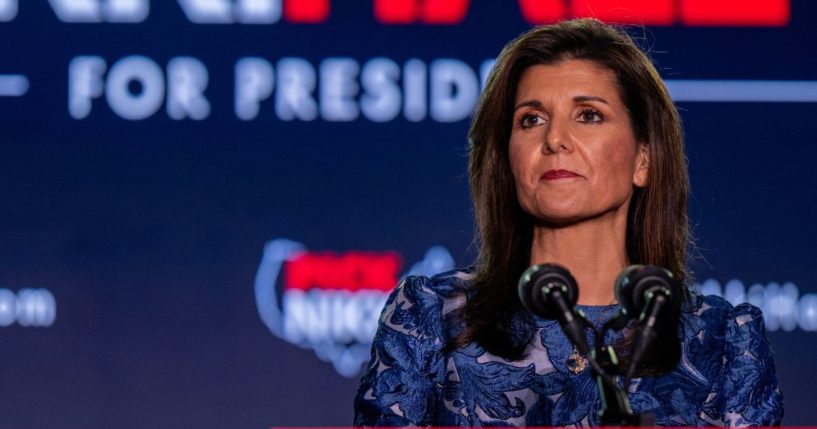 Republican presidential candidate, former U.N. Ambassador Nikki Haley delivers remarks at her primary-night rally at the Grappone Conference Center Tuesday in Concord, New Hampshire.