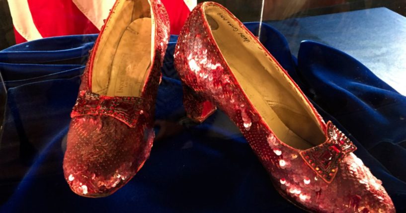 The ruby slippers once worn by Judy Garland in the "The Wizard of Oz" are displayed at a news conference on Sept. 4, 2018, at the FBI office in Brooklyn Center, Minnesota.